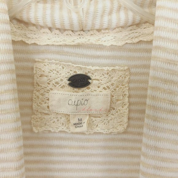 Cupio Open Front Cardigan Sweater Size M Slash Pockets Beige Brown Stripe - Picture 9 of 9